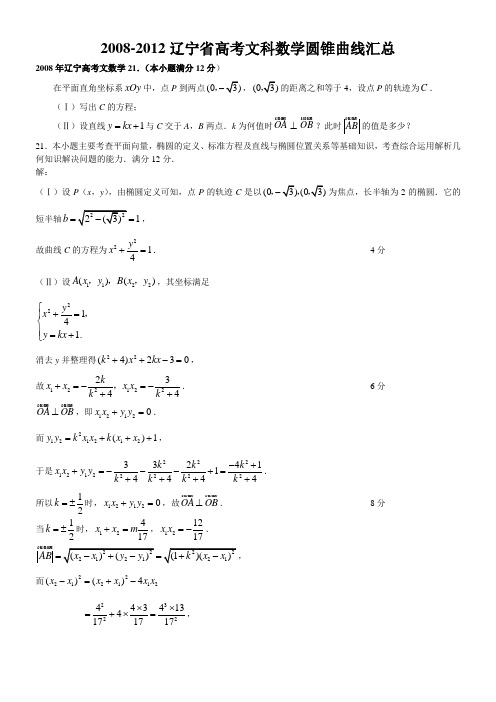 2008-2012辽宁省高考文科数学圆锥曲线汇总