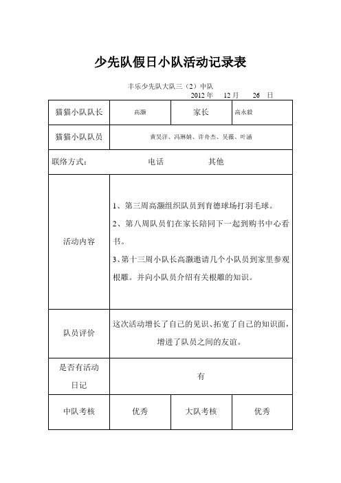 三(2)班少先队假日小队活动记录表