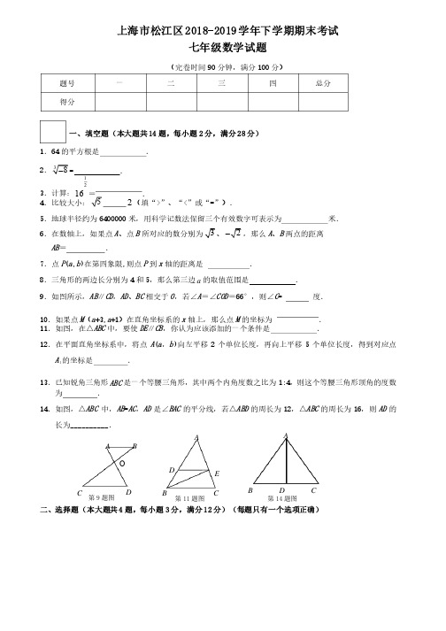 上海市松江区2018-2019学年七年级下学期期末考试数学试题Word版含答案