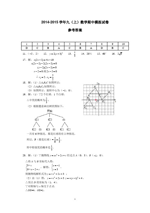 海峡教育报2014-2015学年九(上)数学期中模拟试卷参考答案