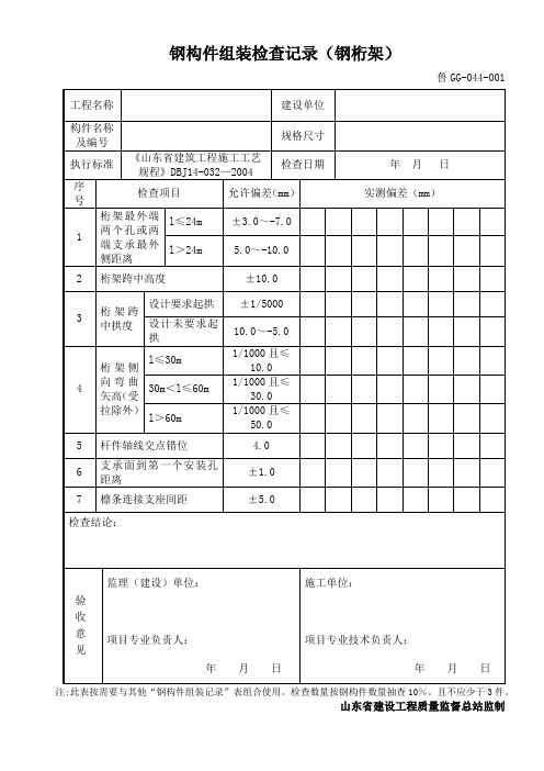 鲁GG044钢构件组装检查记录(钢桁架)