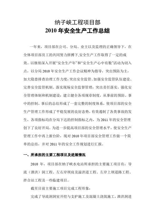 纳子峡工程项目部2010年安全管理工作总结