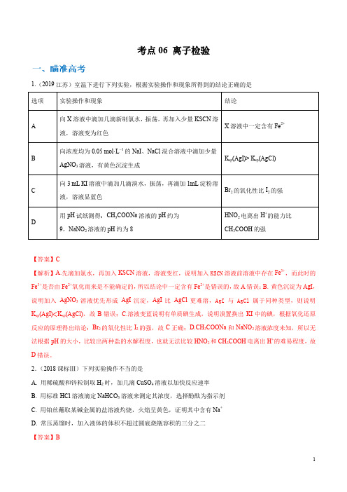 高考化学考点剖析06离子检验(解析版)