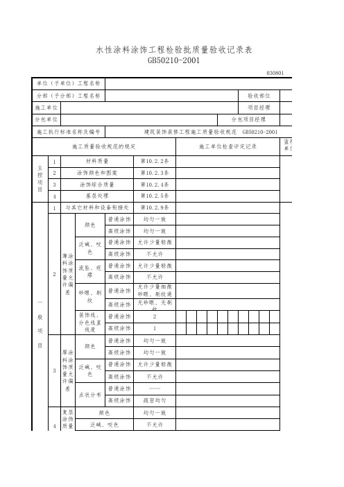 水性涂料涂饰检验批质量验收记录表