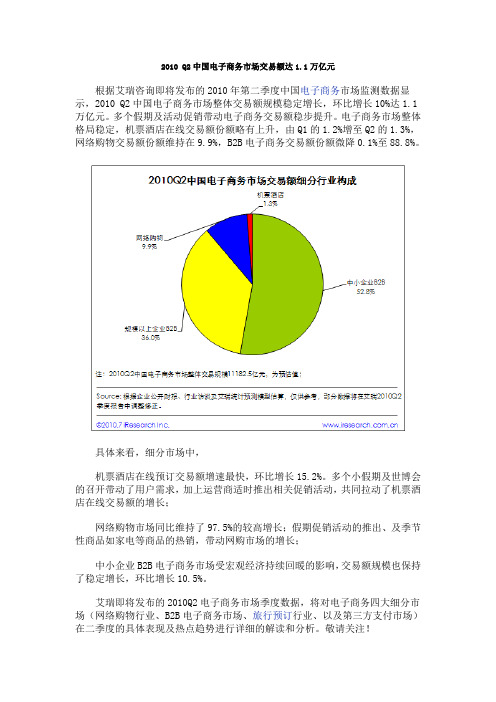 2010 Q2中国电子商务市场交易额达1.1万亿元