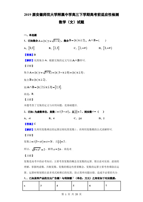 2019届安徽师范大学附属中学高三下学期高考前适应性检测数学(文)试题(解析版)