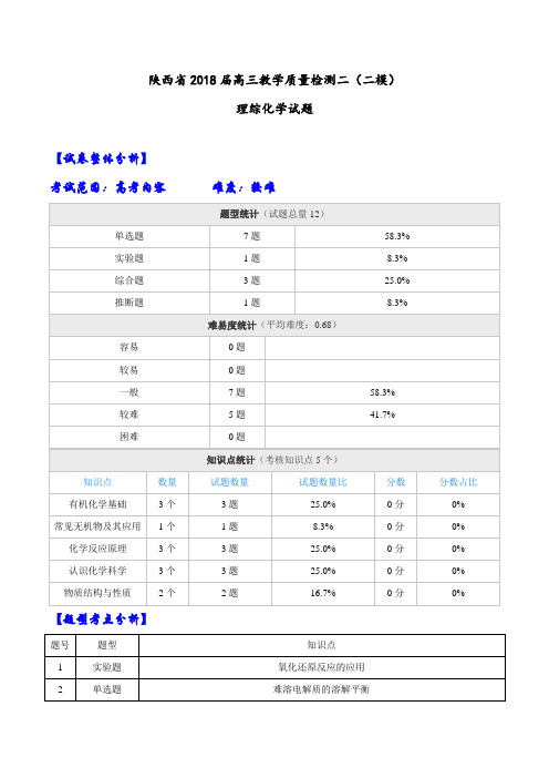 【全国大联考】【陕西(新课标Ⅱ)】陕西省2018届高三教学质量检测(二)理综化学试题(解析版)