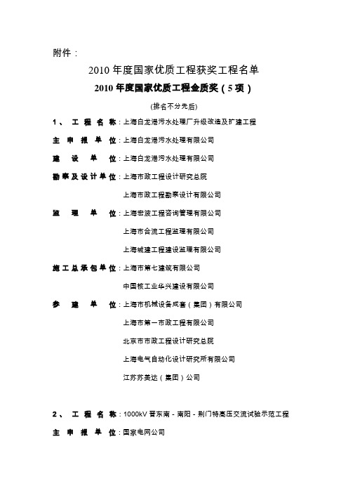 2010年度国家优质工程获奖工程名单