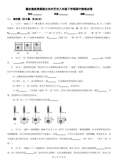 德宏傣族景颇族自治州芒市八年级下学期期中物理试卷