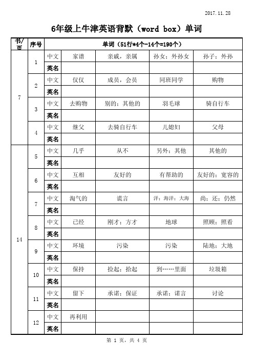 (沪教版)六年级(上)牛津英语(word box)看中文自默单词
