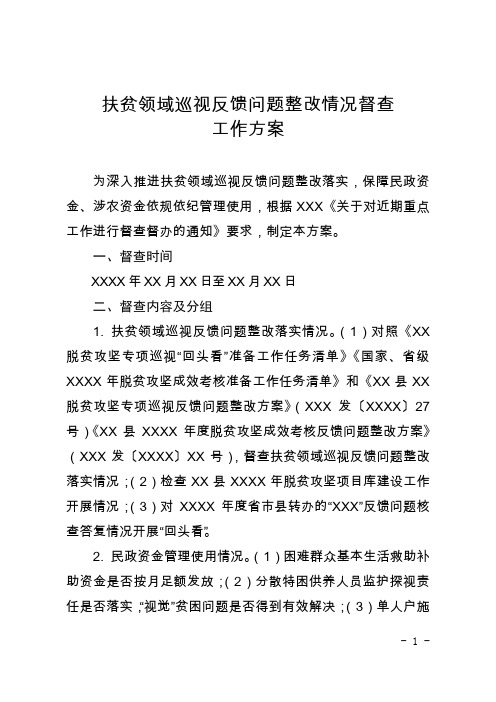 督查扶贫领域巡视反馈问题整改工作方案模板