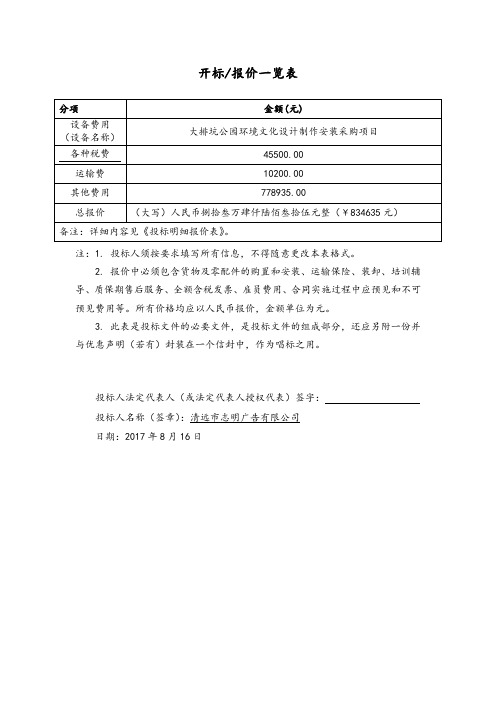 开标报价一览表