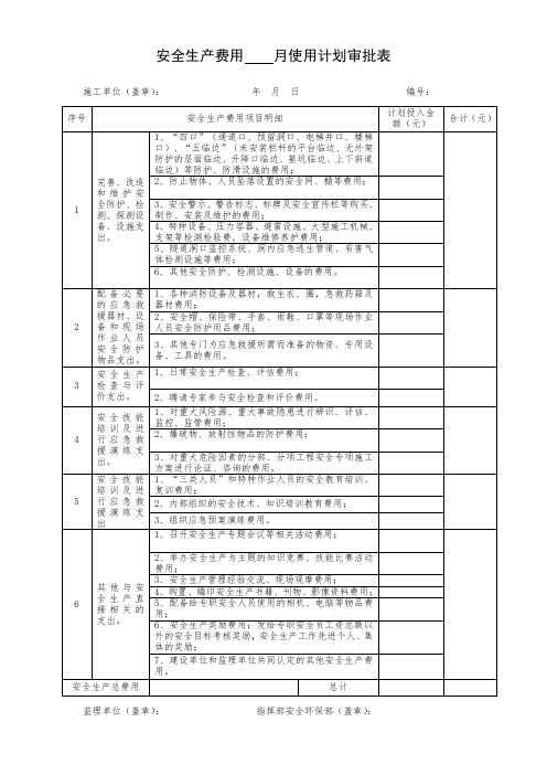 安全生产费用    月使用计划审批表