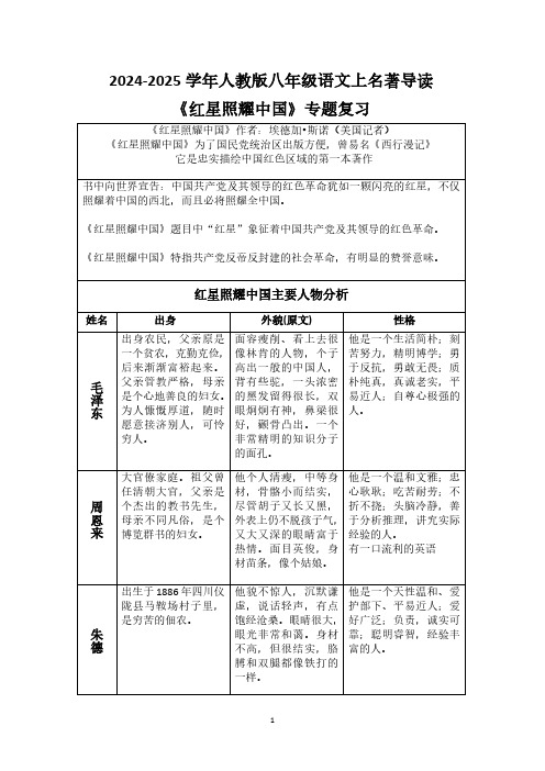 2024-2025学年人教版八年级语文上名著导读名著导读 《红星照耀中国》复习题(含答案)