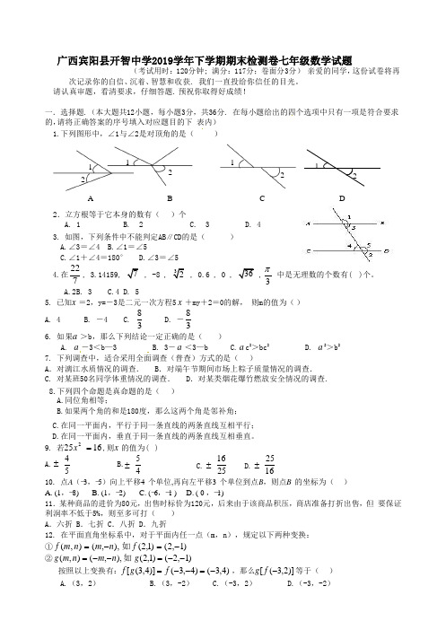 广西宾阳县开智中学2019学年下学期期末检测卷七年级数学试题含答案