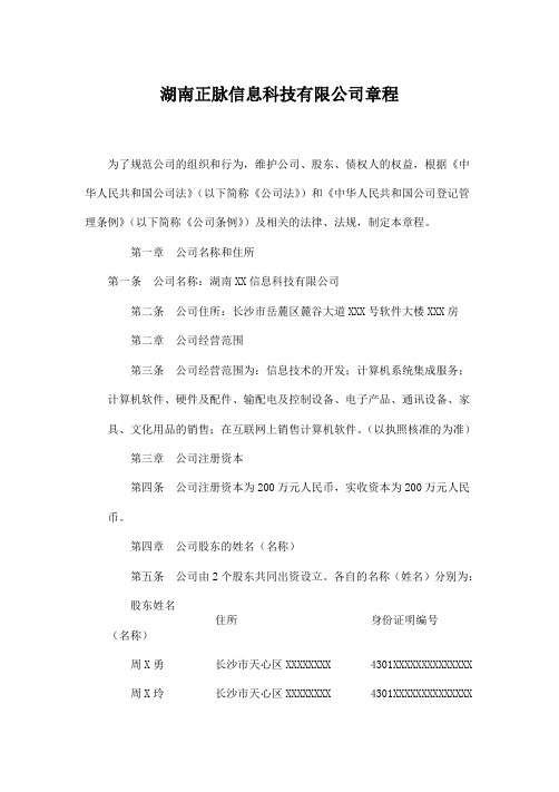 湖南XX信息科技有限公司章程 模板样本 方案