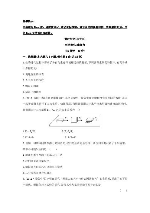 【沪科版八上】初中物理金榜学案精练精析：课时作业(二十二)第六章第五节科学探究：摩擦力