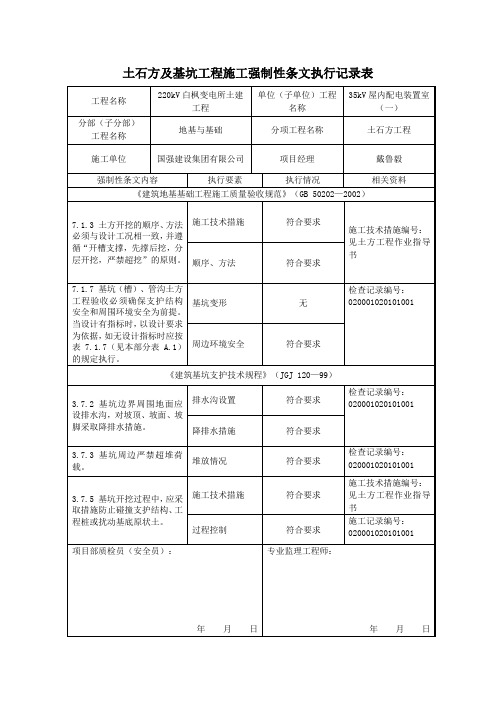 表 5.1.2 土石方及基坑工程施工强制性条文执行记录表