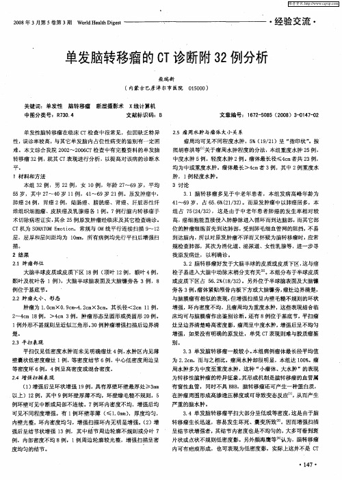 单发脑转移瘤的CT诊断附32例分析