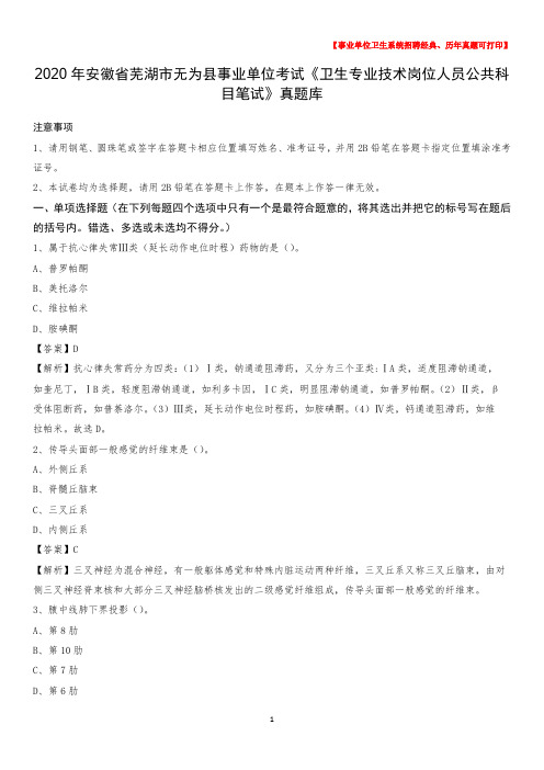 2020年安徽省芜湖市无为县事业单位考试《卫生专业技术岗位人员公共科目笔试》真题库