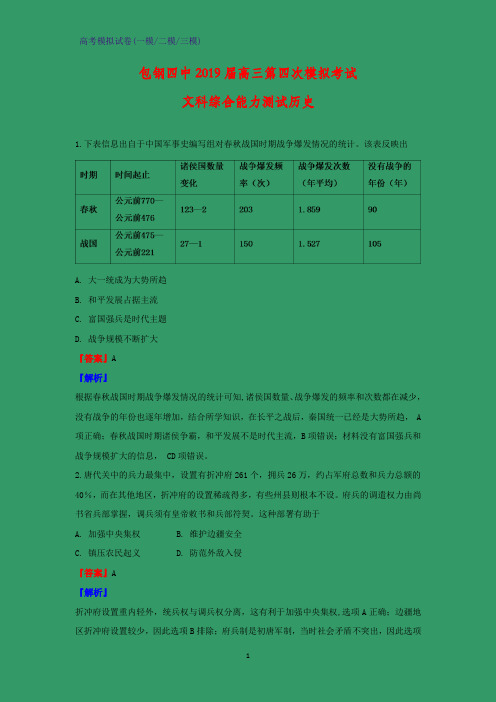 2019届内蒙古包头市包钢第四中学高三第四次模拟考试历史试题(解析版)