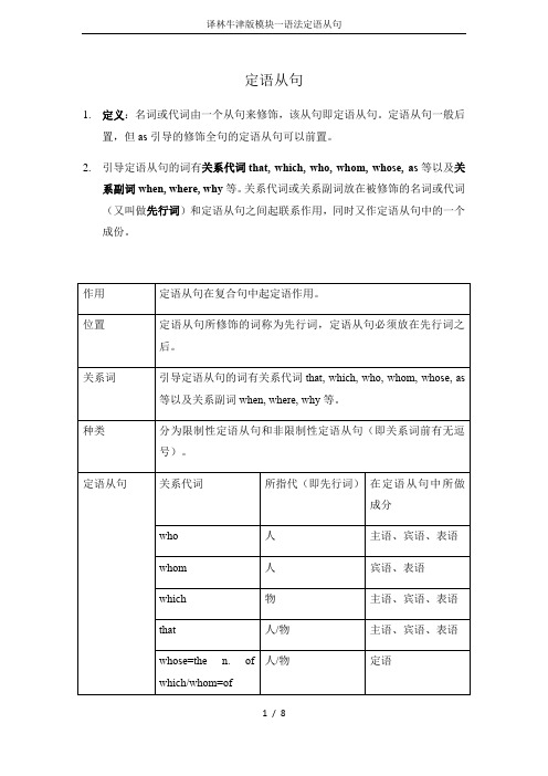 译林牛津版模块一语法定语从句