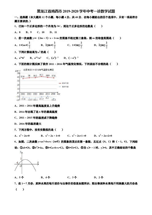 黑龙江省鸡西市2019-2020学年中考一诊数学试题含解析