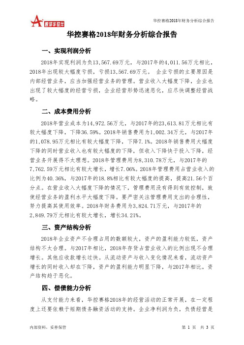 华控赛格2018年财务分析结论报告-智泽华