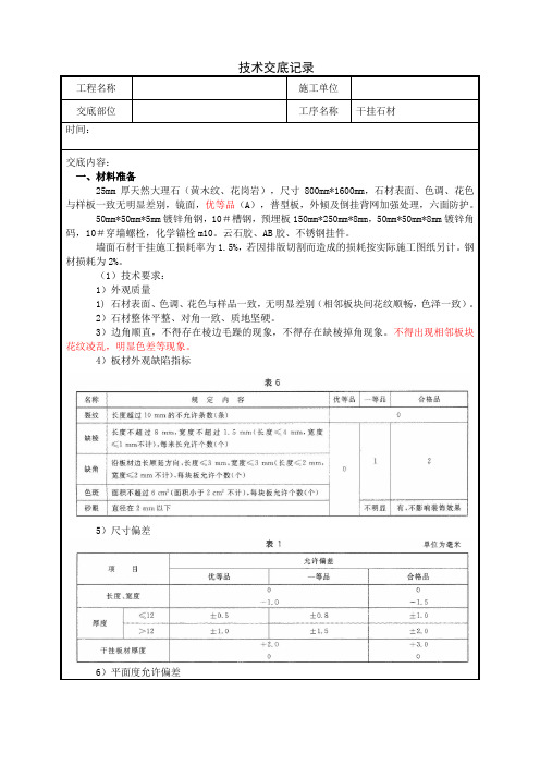 室内装饰干挂石材技术交底