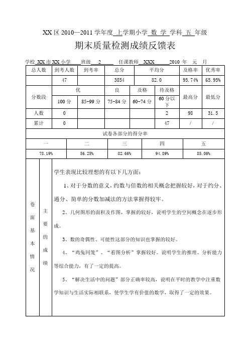 五年级数学(上)期末质量检测成绩反馈表