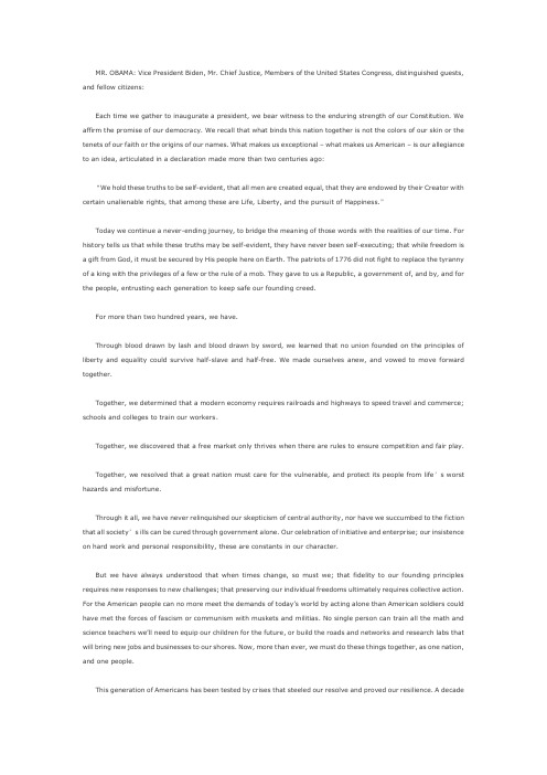 美国总统奥巴马第二次就职演说英文