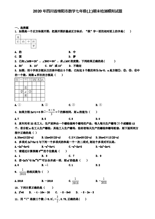 2020年四川省绵阳市数学七年级(上)期末检测模拟试题