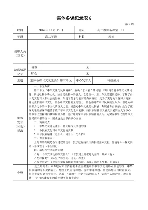 2014-2015学年度第一学期高二政治组集体备课记录表8