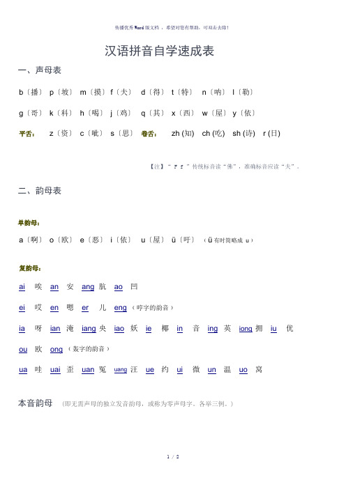 汉语拼音自学速成表(简版)-参考模板