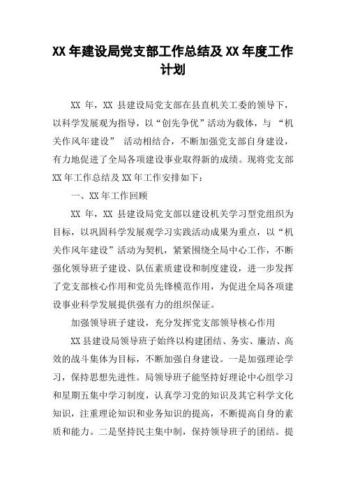 XX年建设局党支部工作总结及XX年度工作计划