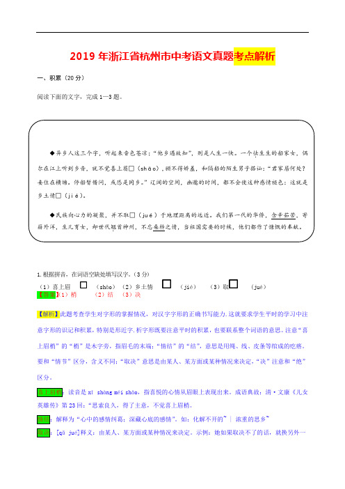2019年浙江省杭州市中考语文真题考点解析