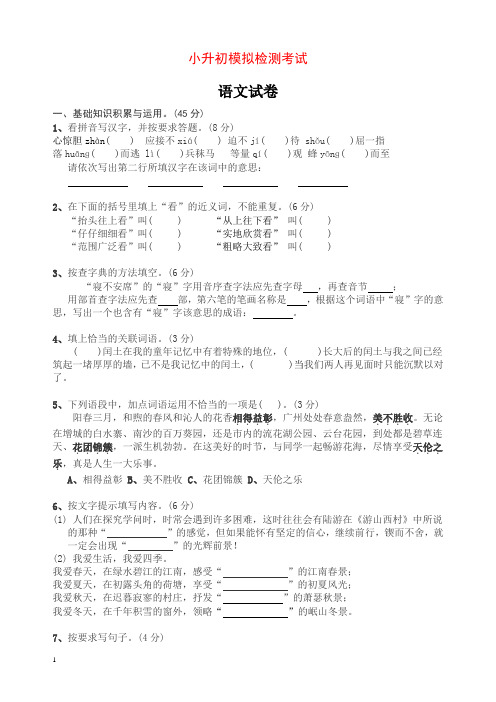 人教版六年级小升初语文模拟试卷及答案
