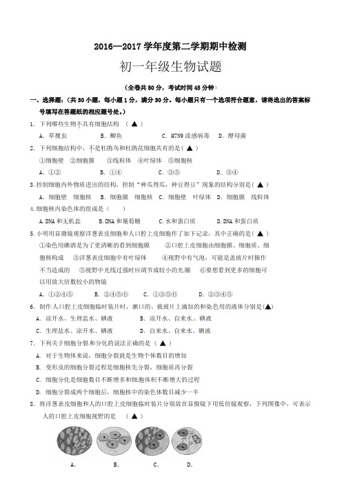 徐州市2016-2017学年度第二学期七年级生物期中试卷(有答案)-新版