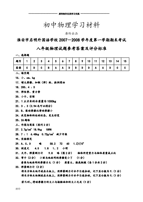 苏科版物理八年级下册期末试卷评分标准().docx