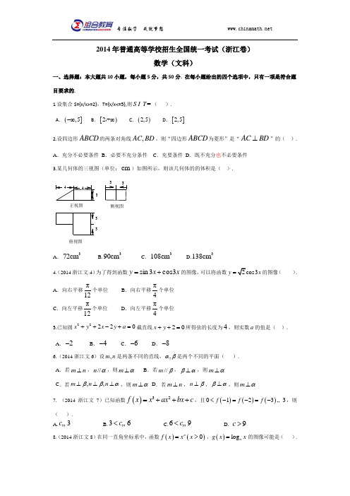 2014年高考数学浙江卷(文科)word版