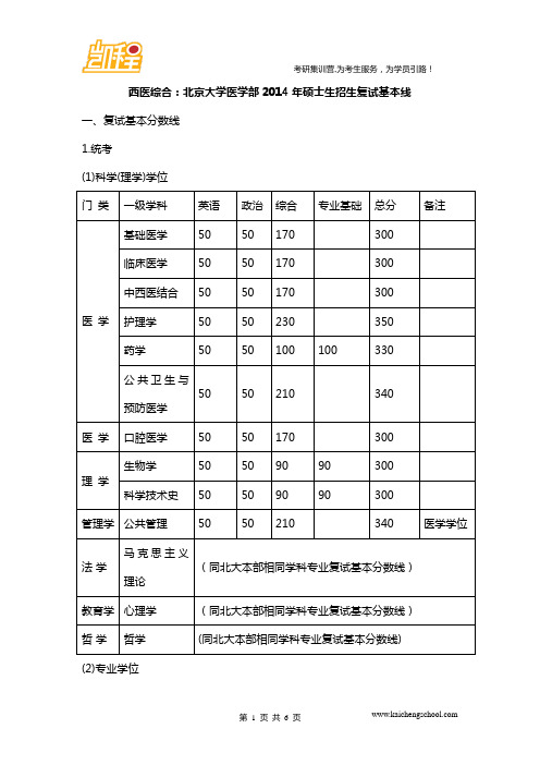 西医综合：北京大学医学部2014年硕士生招生复试基本线