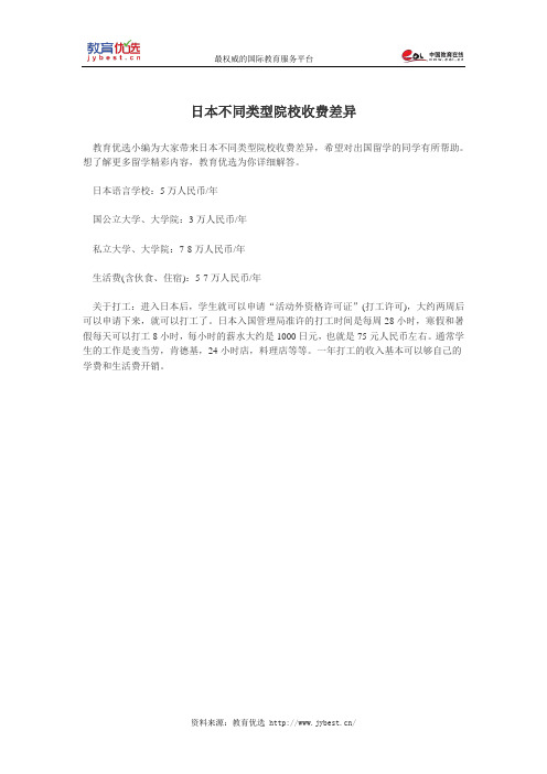 日本不同类型院校收费差异