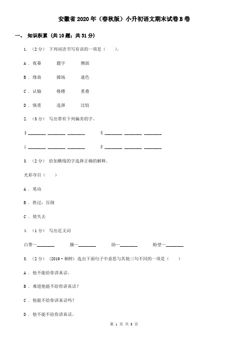 安徽省2020年(春秋版)小升初语文期末试卷B卷新版