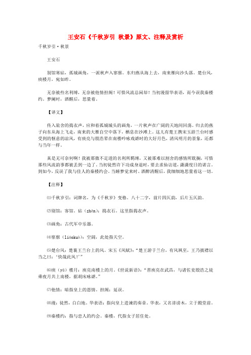 初中语文 古诗文赏析 王安石《千秋岁引 秋景》原文、注释及赏析