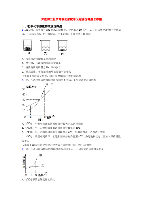 沪教初三化学溶液的浓度单元综合检测题含答案