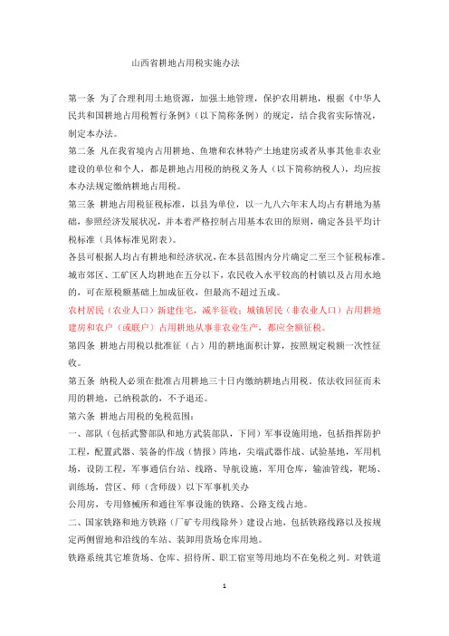 山西省耕地占用税实施办法1987