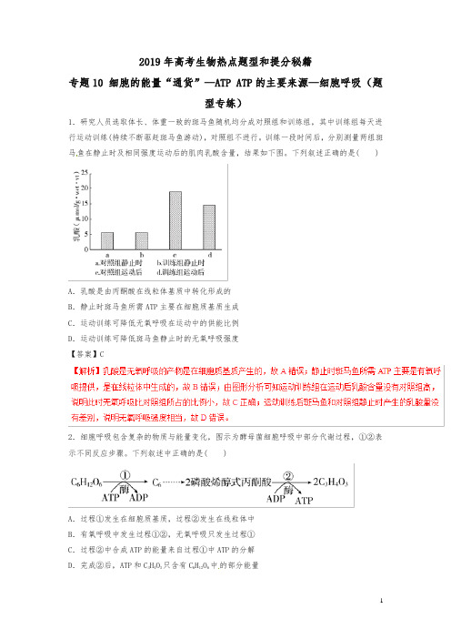 2019年高考生物提分秘籍：专题10-细胞的能量“通货”—ATP-ATP的主要来源—细胞呼吸(题型专练,含答案)