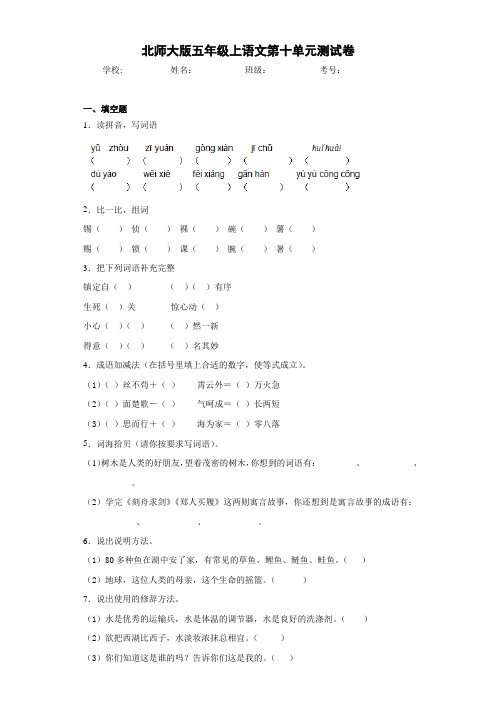 小学五年级上语文第十单元测试卷(含答案解析)