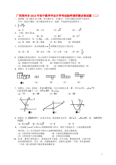 广西梧州市2015年初中数学毕业升学考试抽样调研测试卷试题(含答案)