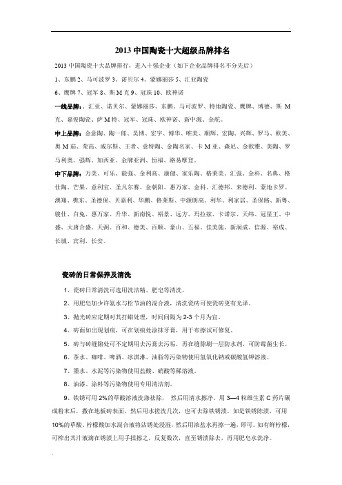 中国陶瓷十大超级品牌排名